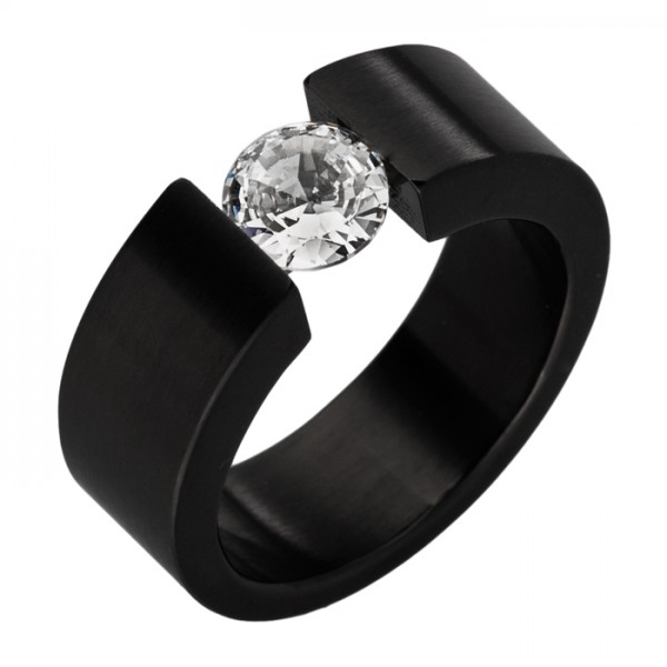 Ring aus Edelstahl, 7 mm, Schwarz-PVD + Zirkonia