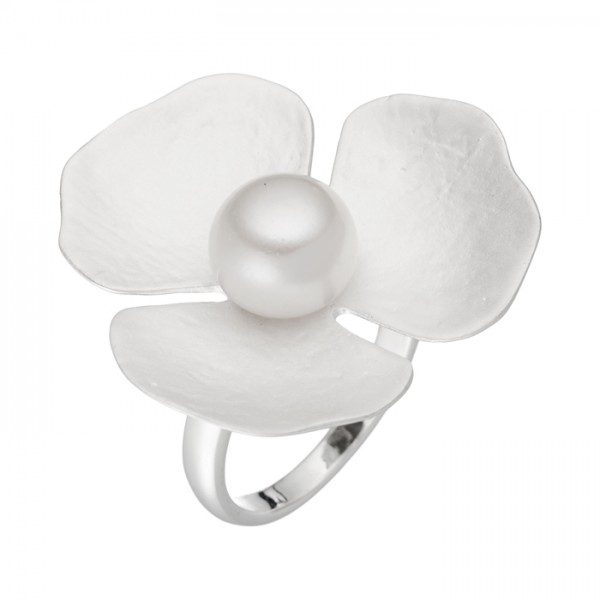 Silberring Blume & weiße Perle