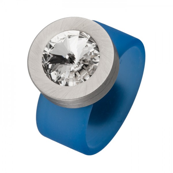 PVC Edelstahl Ring blau, weißer Swarowskistein