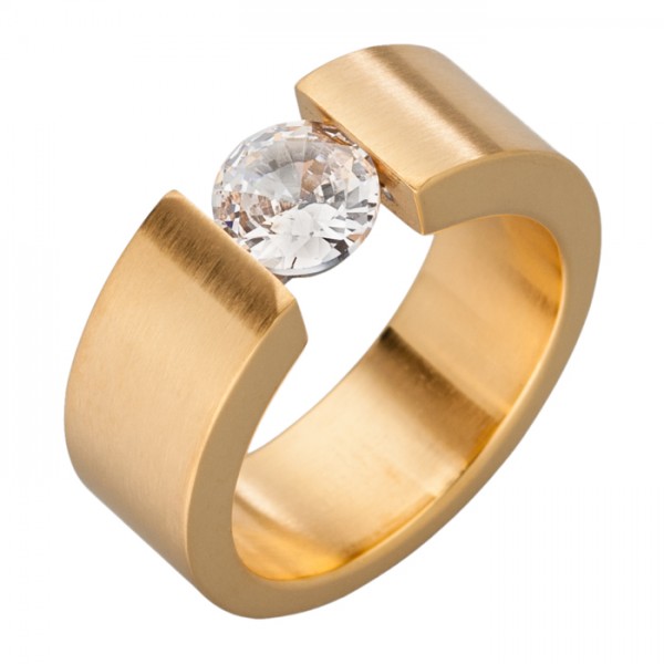 Ring aus Edelstahl, 7 mm, Gold-PVD + Zirkonia