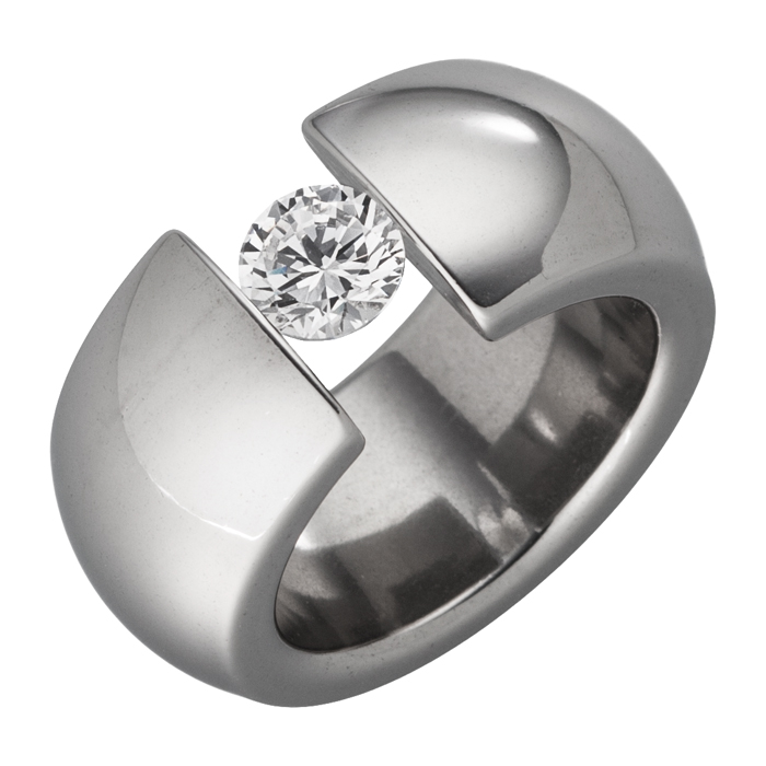 Edelstahlring 11mm breit m. großen weißen Zirkonia